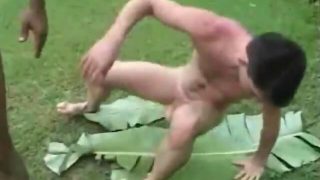 A black stud spreads his legs wide and gets nailed by a well hung white twink.